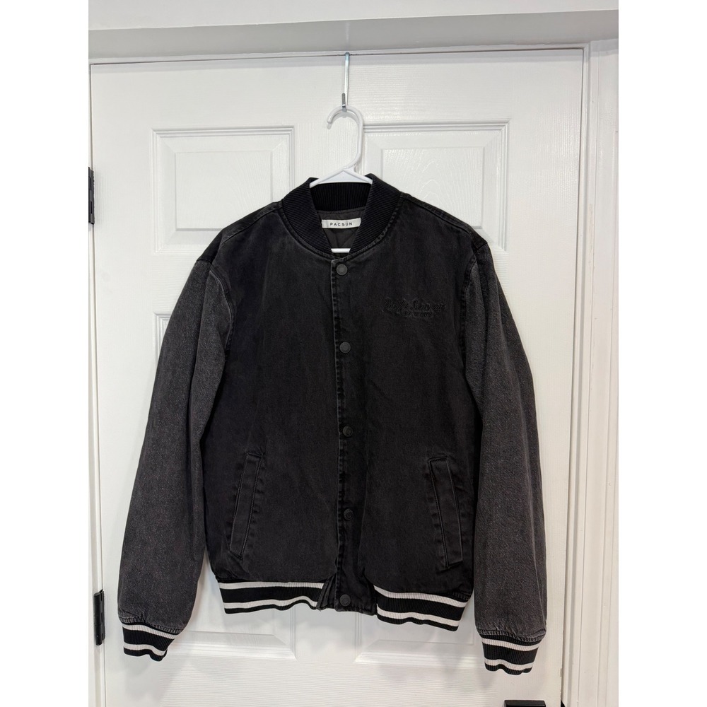 PacSun Mens Washed Black Denim Varsity Bomber Jacket Gray Sleeves